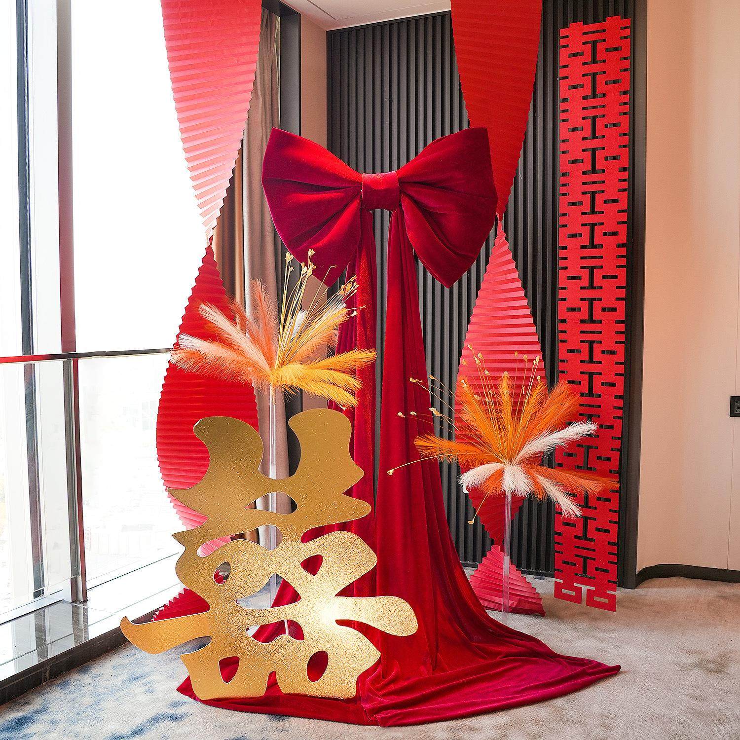 婚房布置套装金色喜字布幔蝴蝶结婚订婚礼氛围背景墙拍照装饰道具