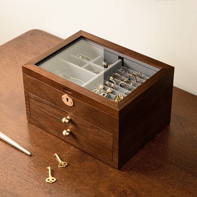 木质首饰盒收纳盒高档精致带锁手饰品盒2024新款大容量黄金珠宝盒