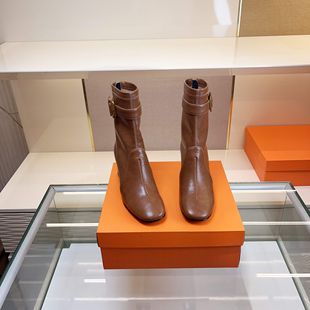范戈希跟6cm牛皮复古港风粗跟后拉链气质筒靴方头百搭短靴买1赠3