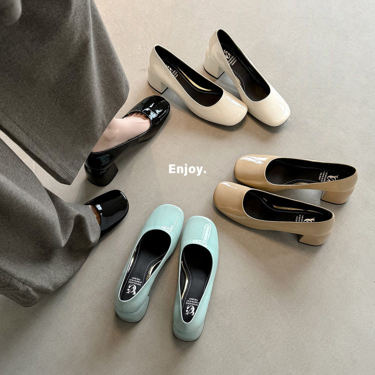 范戈希跟6CM牛羊皮圆头粗跟真皮气质复古单鞋浅口玛丽珍鞋买1赠3