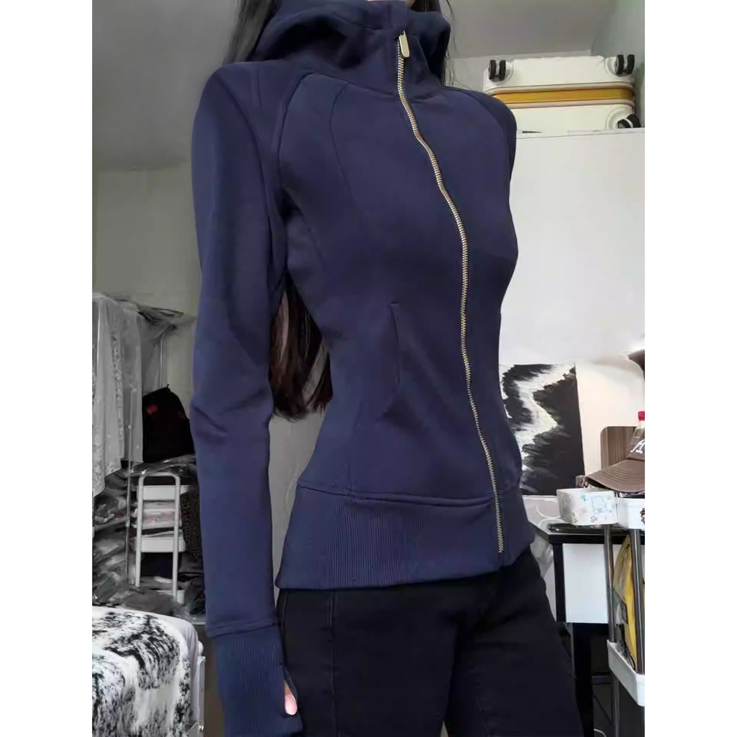 藏蓝色正肩修身显瘦连帽卫衣外套女2025秋季新款拉链开衫运动上衣