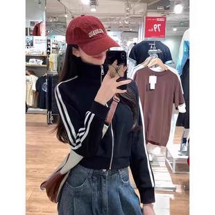 韩系棒球服运动上衣 入秋季 蓝色三条杠立领短款 卫衣外套女2025新款