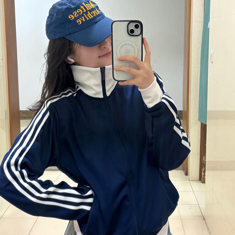 藏蓝色三条杠立领卫衣外套女2025春秋季新款运动休闲正肩宽松上衣
