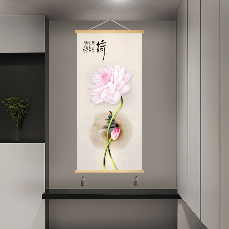 新中式挂画定制卷轴画装饰画荷花图玄关卧室餐Q厅墙壁画布艺画墙图片