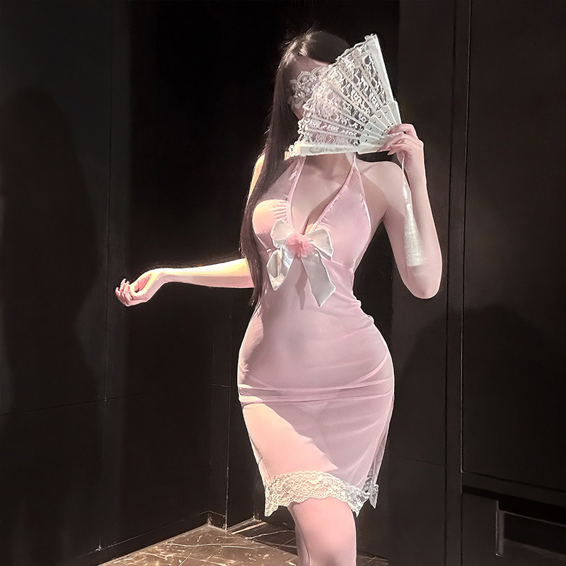 甜美挂脖纯欲透视睡裙蝴蝶结少妇情调内衣制服套装感性诱惑睡衣女