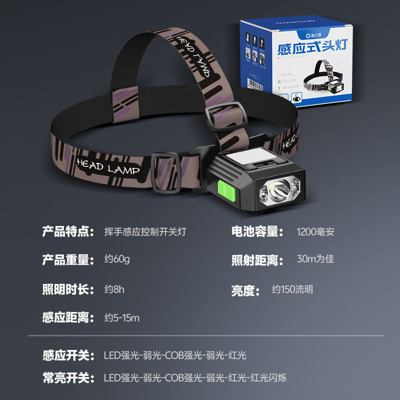 渔之源六档多用感应头灯新款野钓专用头灯持久续航夜钓钓鱼装备