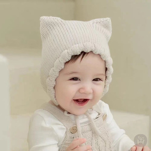 婴儿帽子春秋薄款婴幼儿护卤门帽可爱猫耳朵宝宝保暖毛线护耳帽冬