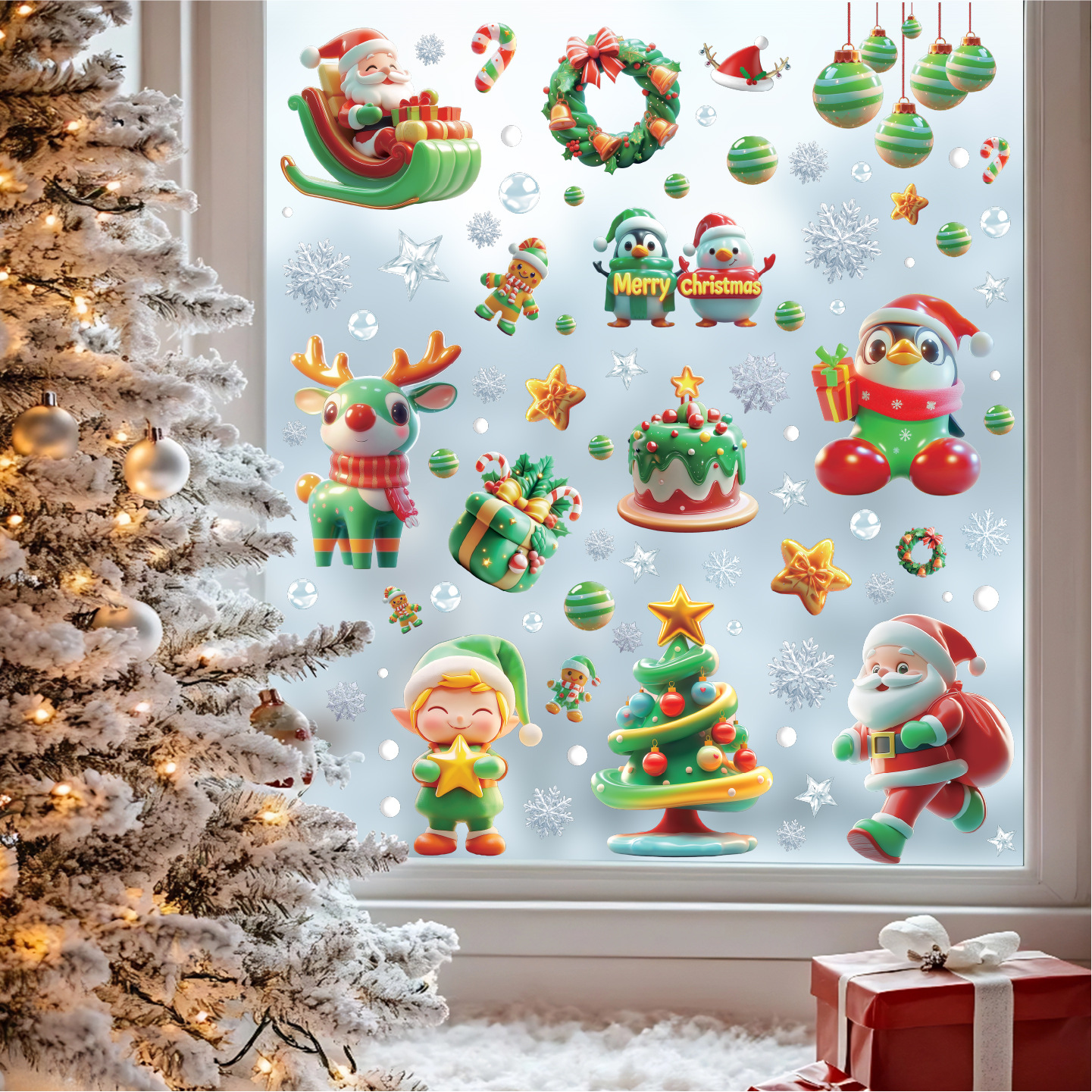 圣诞节装饰玻璃门贴纸聖誕树雪人窗花窗贴静电贴新年氛围场景布置