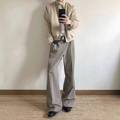 TR混纺立褶中线美式直筒微喇西裤