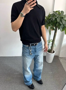 UniForm 冰川涟漪水洗冰蓝做旧高盎司猫须A字牛仔裤直筒阔腿长裤