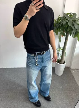 水洗冰蓝做旧猫须A字直筒牛仔裤
