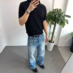 UniForm 冰川涟漪水洗冰蓝做旧高盎司猫须A字牛仔裤直筒阔腿长裤