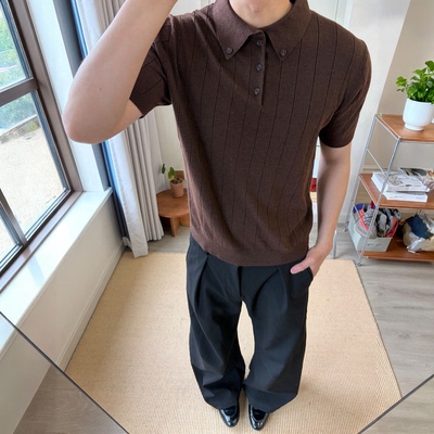 羊毛混纺坑条纹路针织Polo短袖