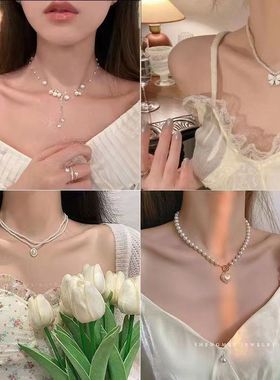 法式珍珠锁骨链女ins风轻奢高级感百搭闺蜜公主风项链双层毛衣链