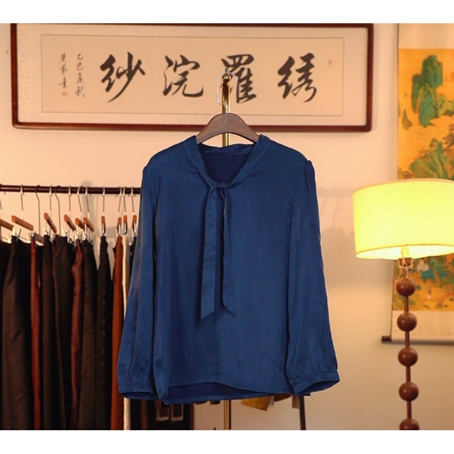 【蓝色海洋】大王缎新中式国风香云纱立领秋季长袖国潮小上衣