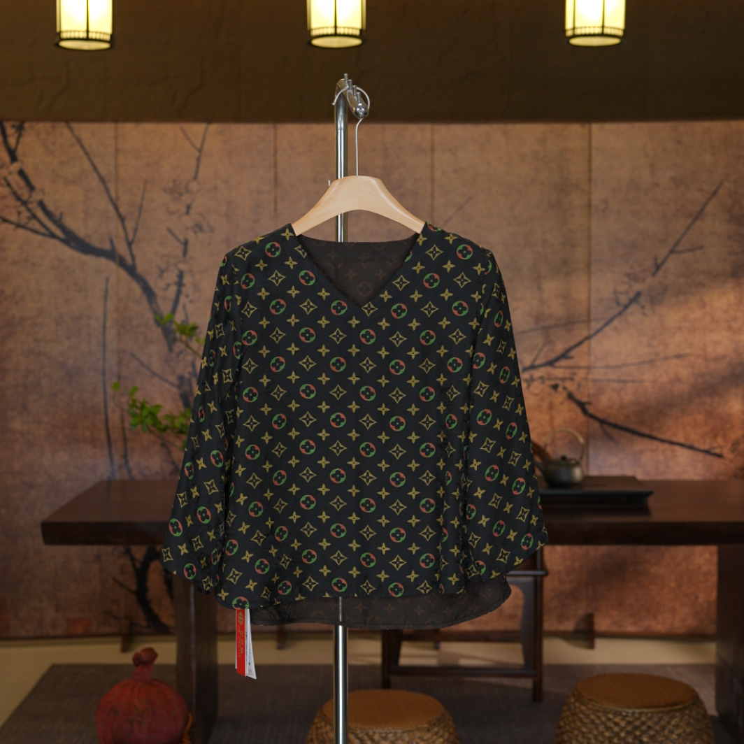 【灯火阑珊】双面穿新中式国风香云纱提花V领七分袖老钱风上衣