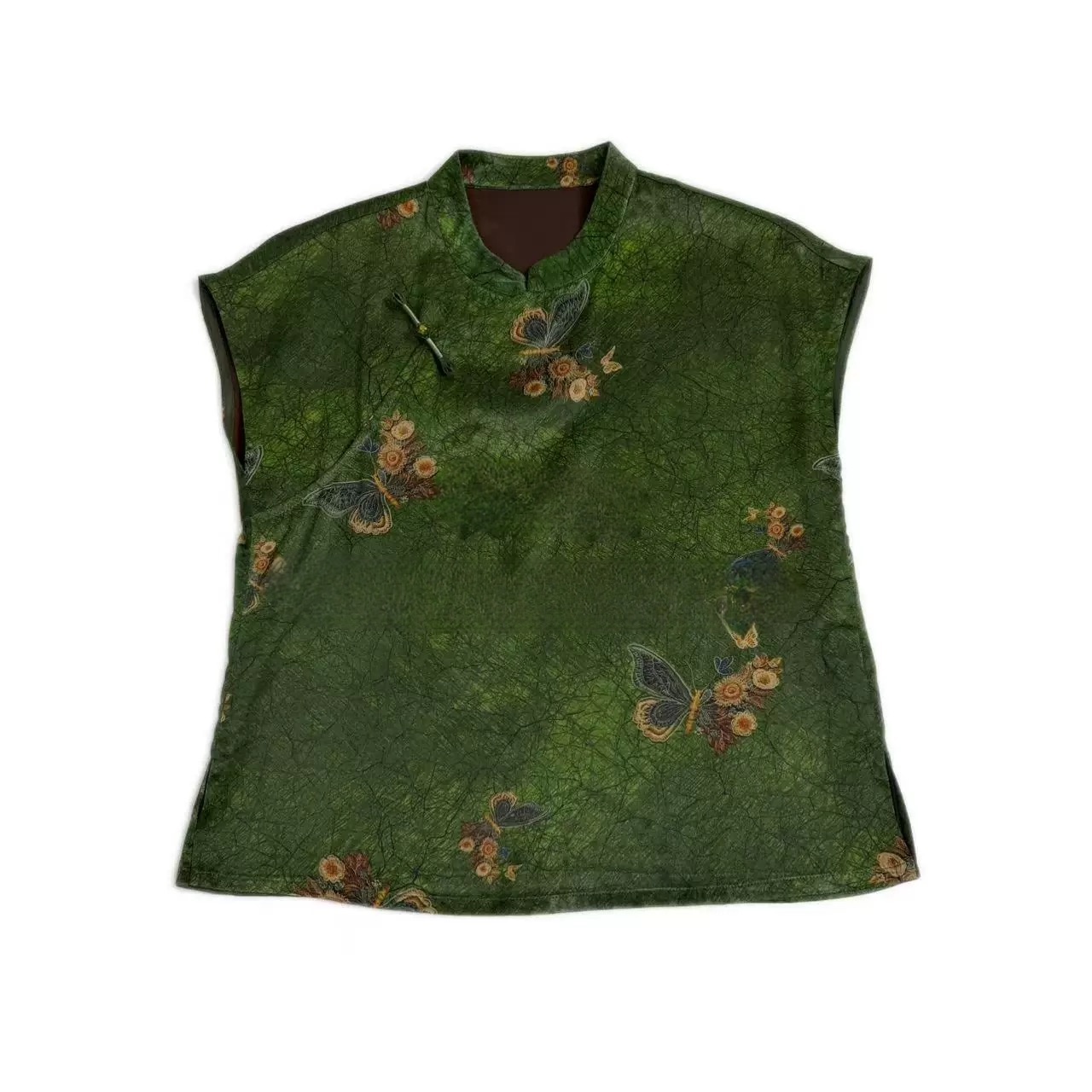 【绿蝶如梦】新中式国风重缎香云纱旗袍领斜襟小飞袖上衣雅典国潮