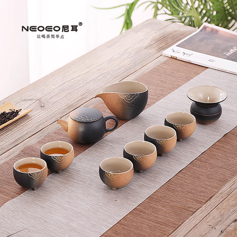 NEOEO尼耳茶具套装粗陶原矿祥云浮雕寓意祥瑞便携式旅行茶具套装