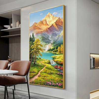 入户玄关装饰画竖版正对门走廊过道风景山水N画客厅挂画轻奢高级