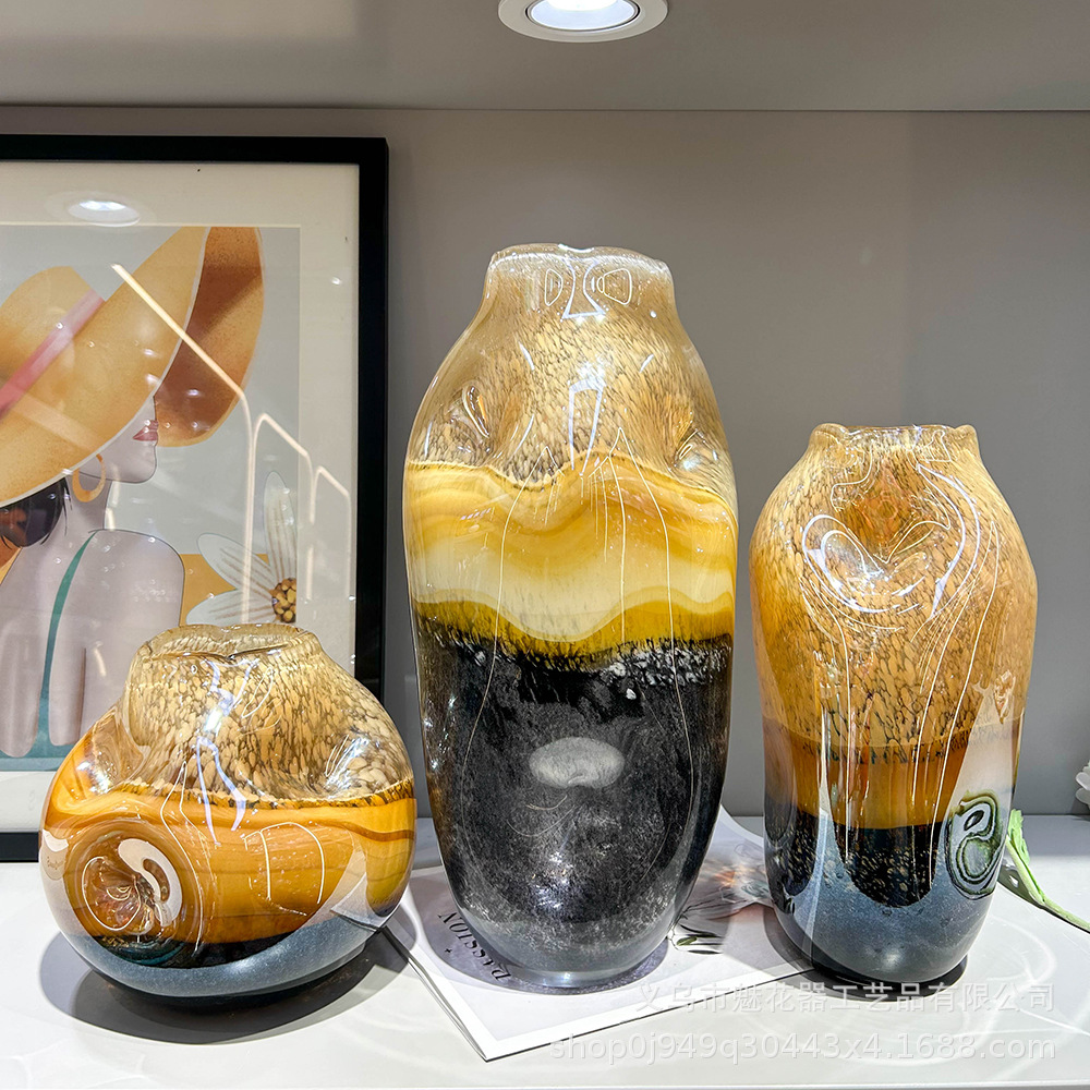 高级感中古手工艺术琉璃花瓶客厅玄关餐桌插花摆件样板间高级装饰