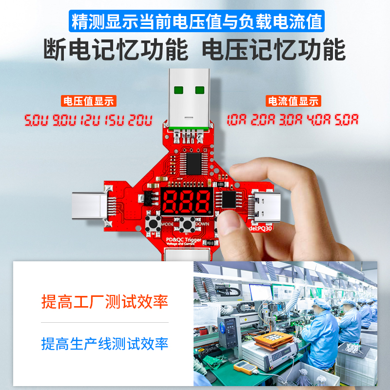 炬为PD3c.0协议快充触发器诱骗器电压表高通QC3.0诱导轮询器检测