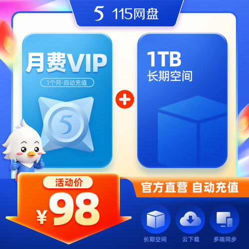 115网盘 月费VIP 含1TB空间 自动充值到账 专享提速通道