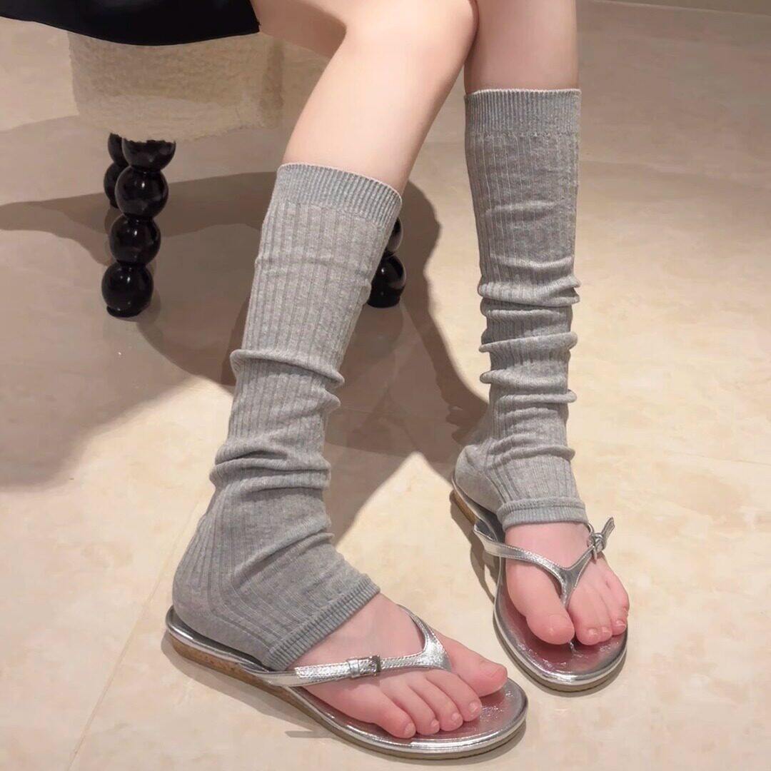 灰色堆堆袜子女针织袜套夏季薄款纯棉长筒袜踩脚腿套小腿袜春秋款