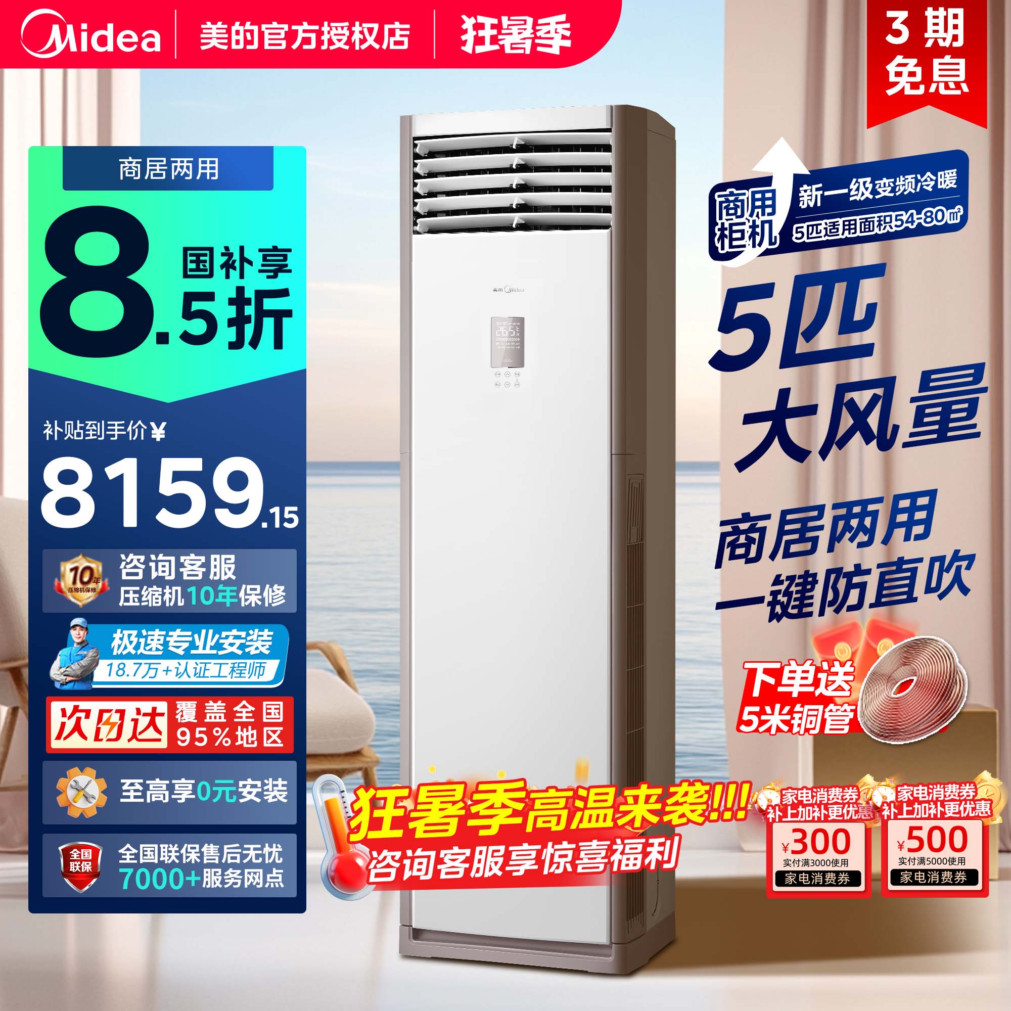 美的中央空调5匹柜式空调商用商铺柜机立式一级能效冷暖变频380V - 实物图