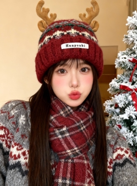费尔岛风鹿角针织毛线帽子女秋冬新款春节保暖加厚红色可爱护耳潮