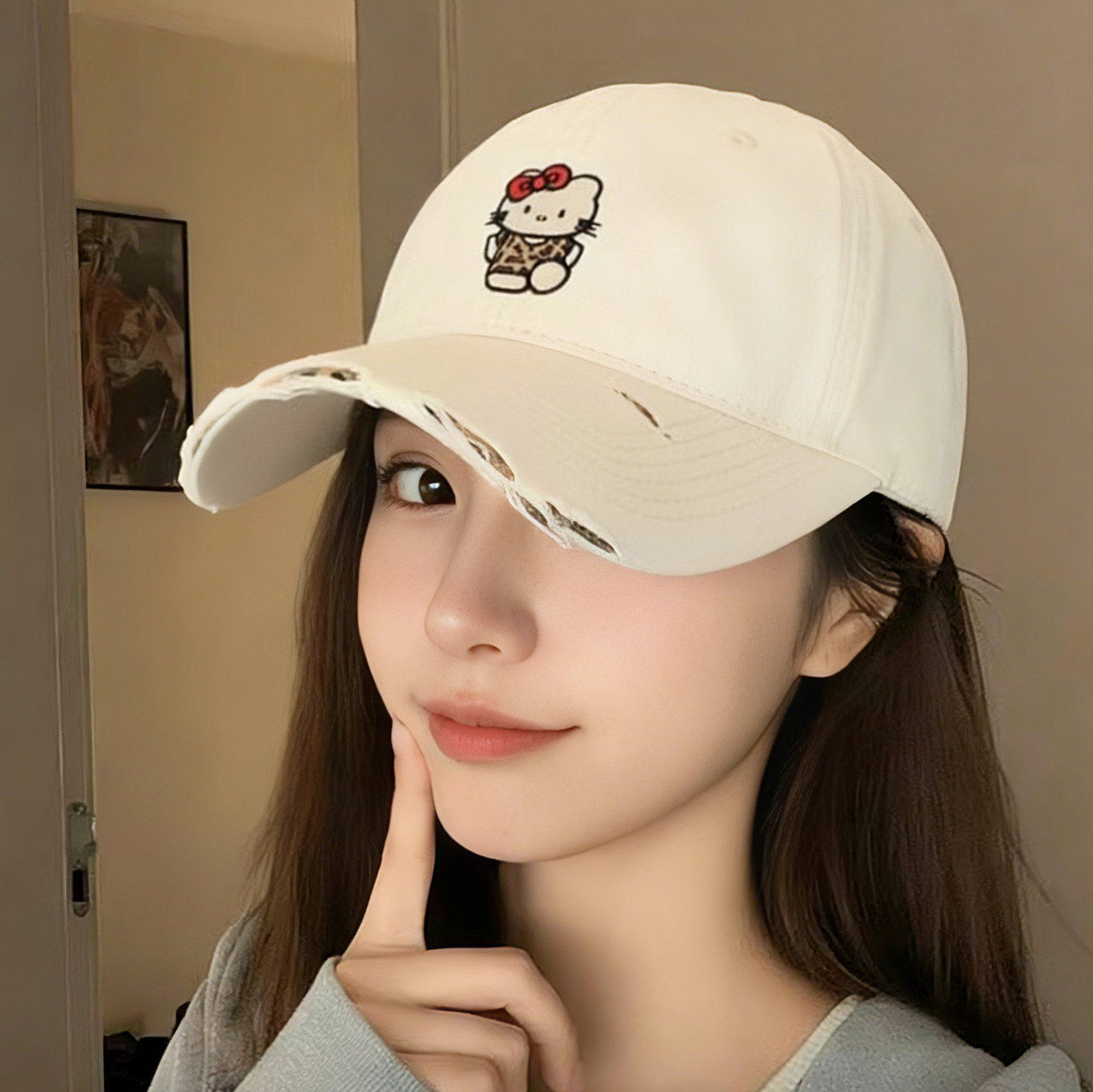 韩系可爱刺绣Kitty猫咪棒球帽女宽帽檐大头围大脸显脸小鸭舌帽潮