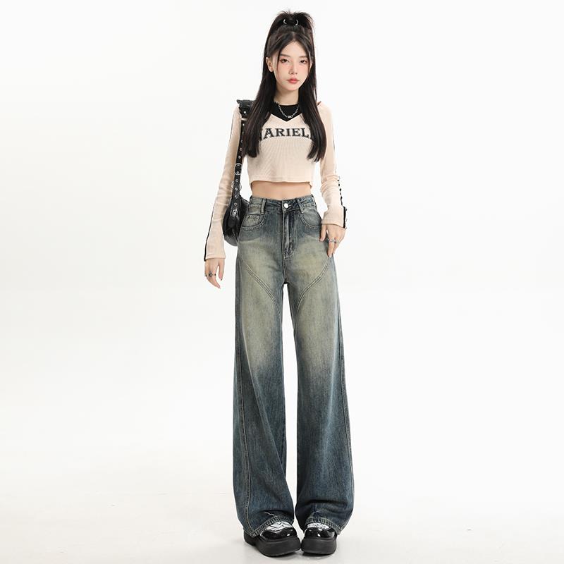 LGKG复古做旧直筒牛仔裤女秋冬美式小众高街显瘦辣妹阔腿拖地长裤