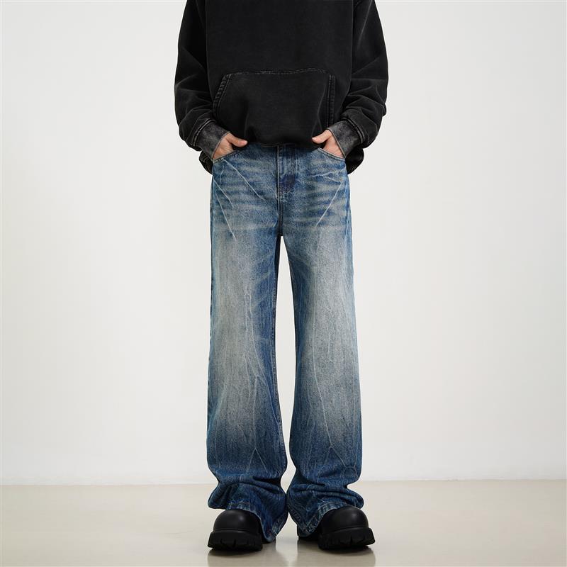 KISKO美式高街闪电纹水洗直筒微喇牛仔裤男设计cleanfit显瘦裤子