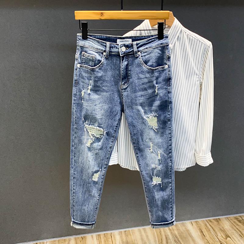 秋季水洗破洞补丁九分牛仔裤男潮牌个性乞丐修身小脚9分裤子韩版