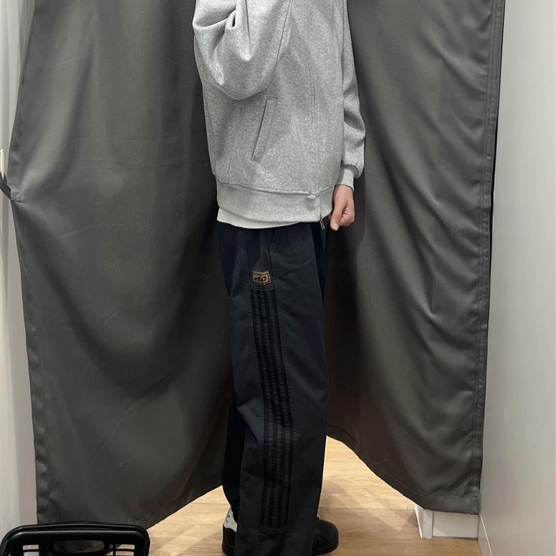 unitise宽松直筒休闲裤黑灰条纹拼色弹力腰围抽绳休闲裤简约潮流