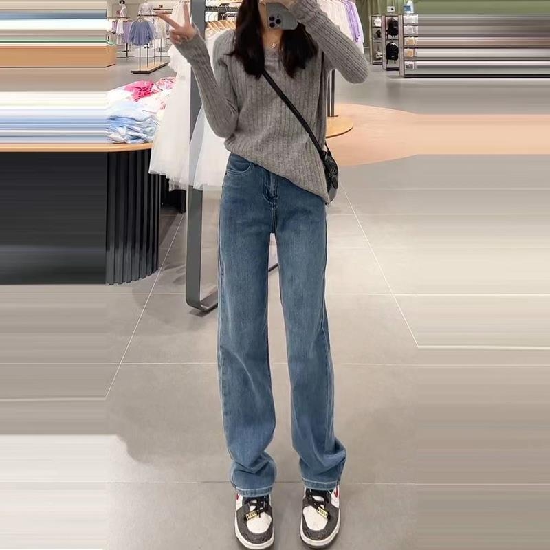 高腰窄版直筒牛仔裤女2024秋季显瘦复古微阔腿加绒烟管拖地裤长裤