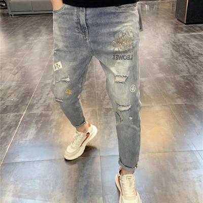 欧货夏季男士烫钻修身薄款破洞弹力青年潮牌中腰小脚牛仔裤九分裤