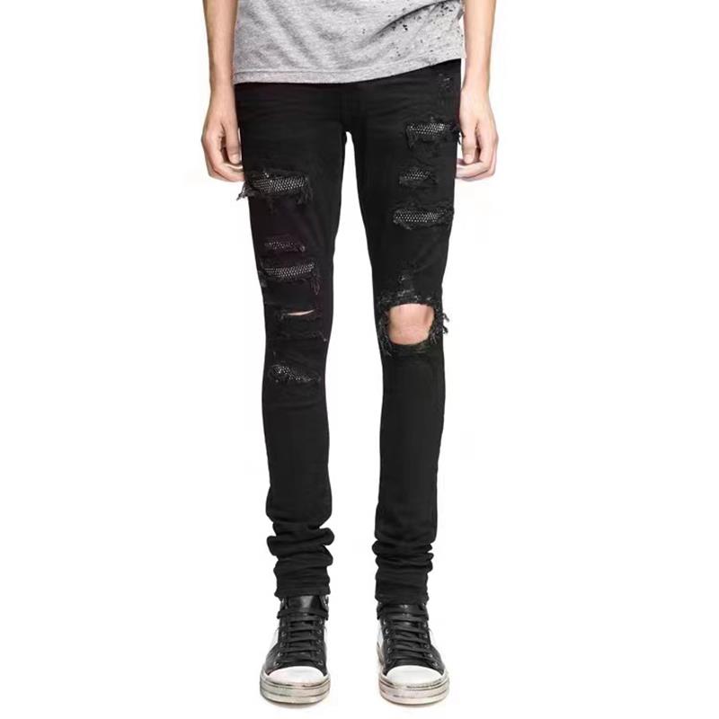 燃弟 嘎嘎修身黑钻泼墨破洞牛仔裤水洗做旧高弹小脚长裤高街自主