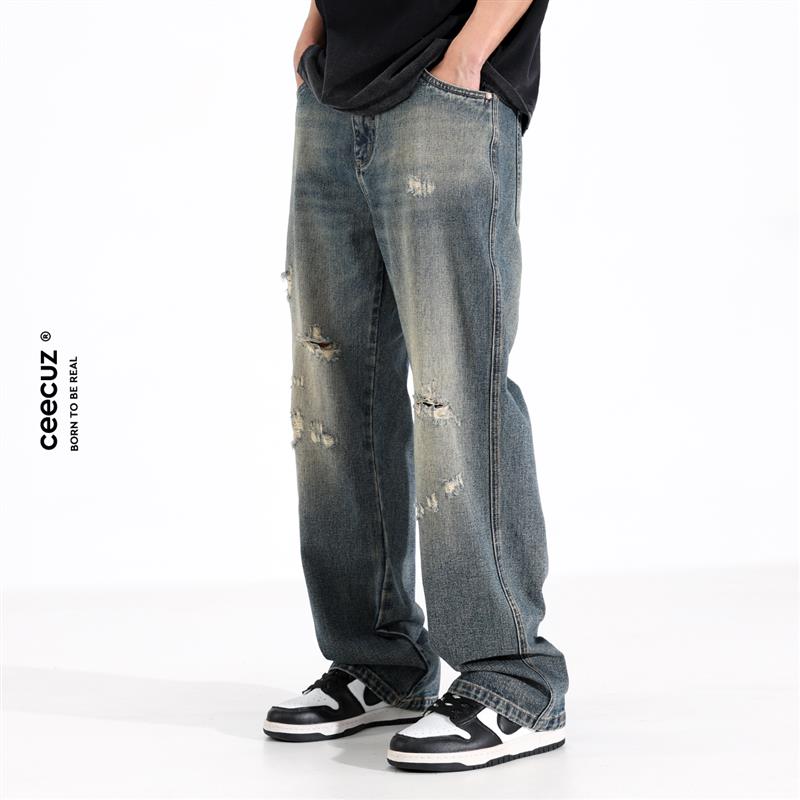 Ceecuz复古做旧破洞牛仔裤男夏季薄款宽松阔腿拖地个性直筒长裤子