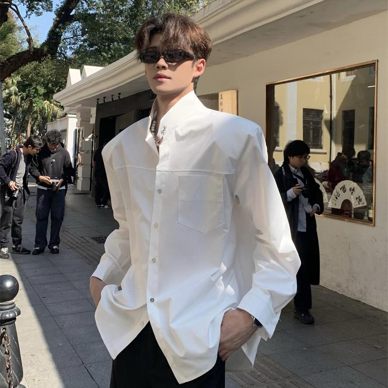 ACE丨 小众极简设计感垫肩衬衫男高级感痞帅纯色立领廓形长袖衬衣