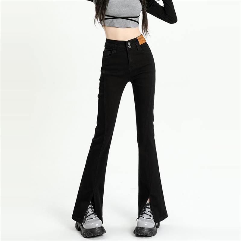 韩国黑色开叉微喇牛仔裤女2024秋冬加绒高腰双扣显瘦拖地喇叭长裤