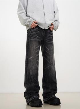 KISKO高街美式闪电纹水洗黑色牛仔裤男潮牌直筒显瘦cleanfit裤子