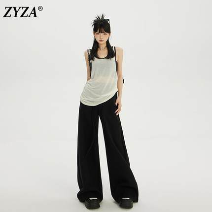 ZYZA黑色休闲裤女秋冬宽松直筒裤慵懒松弛感裤子春秋款拖地运动裤