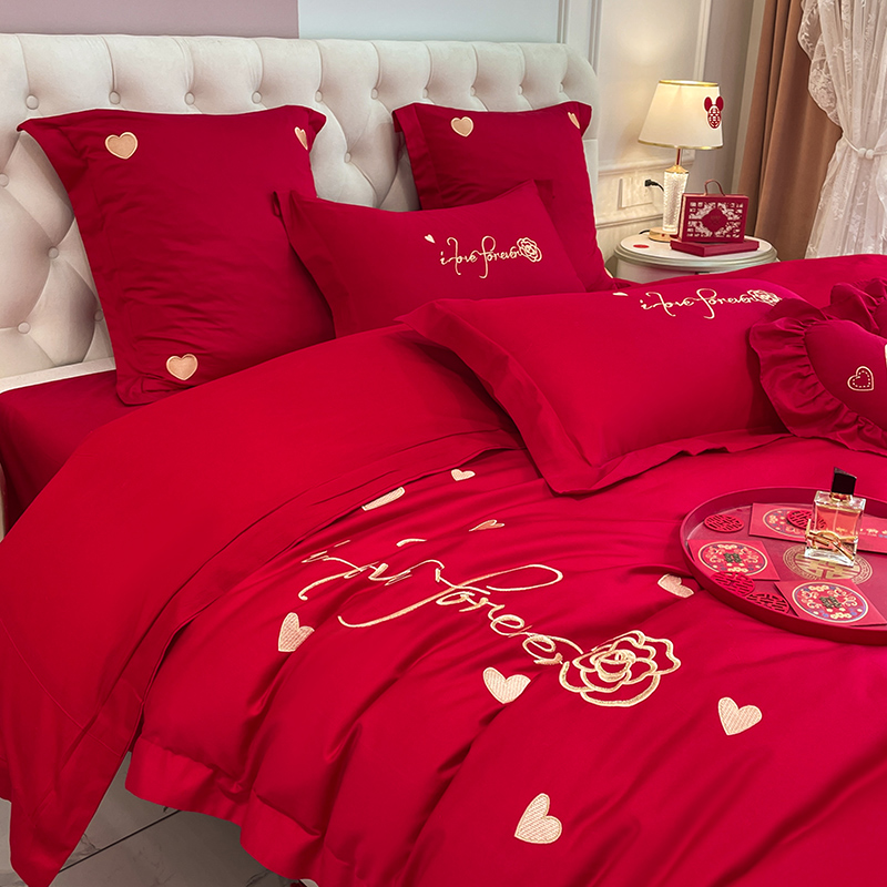 中式婚庆纯棉磨毛四件套大红色