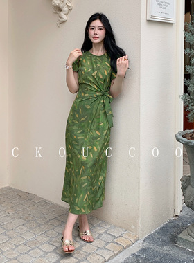 青芽灵动绿色印花桑蚕丝真丝连衣裙女圆领系带修身双绉长裙子