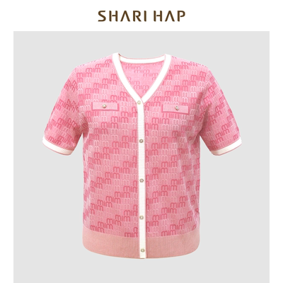 SHARI HAP中年妈妈粉色V领针织套头衫洋气大码短袖衫夏季新款上衣