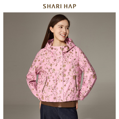 SHARI HAP莎瑞休闲连帽风衣外套女春装新款洋气印花上衣宽松大码