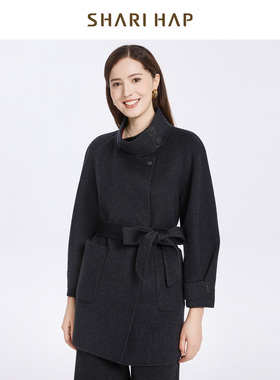 【100绵羊毛】SHARI HAP双面呢大衣中长款女深灰色毛呢秋冬新款