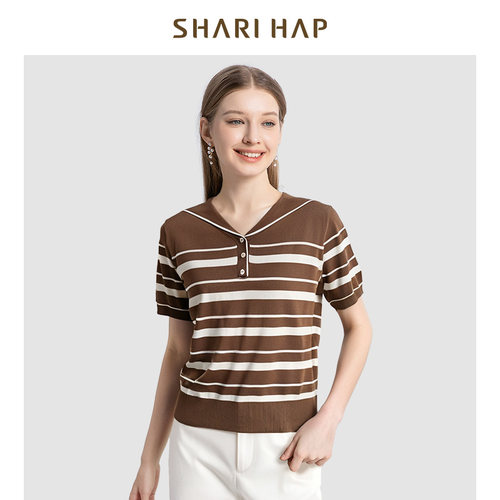SHARI HAP莎瑞中年女装针织条纹T恤衫2025夏季海军领短袖上衣大码