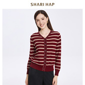 SHARI 打底衫 HAP莎瑞V领条纹针织套头衫 女洋气秋冬新款