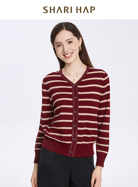 SHARI HAP莎瑞V领条纹针织套头衫女洋气秋冬新款打底衫